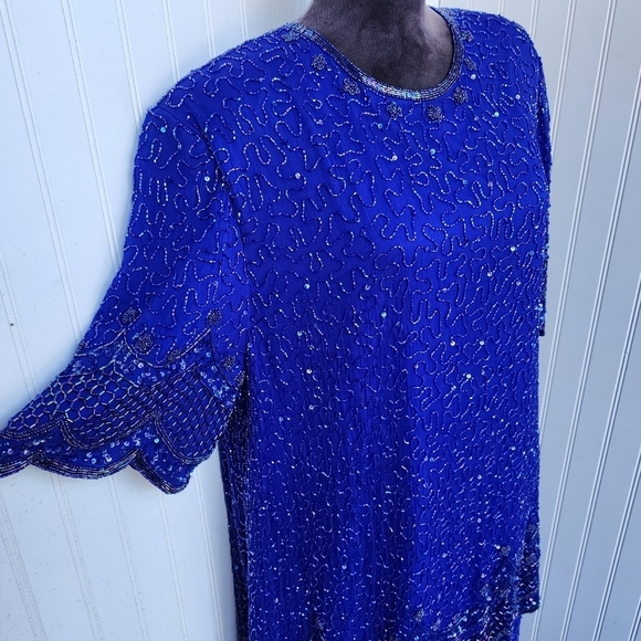 VTG BRILLIANTE BY JA Blue 100% Silk Chiffon AB Beaded Tiered Cocktail Dress 3X - Picture 3 of 16